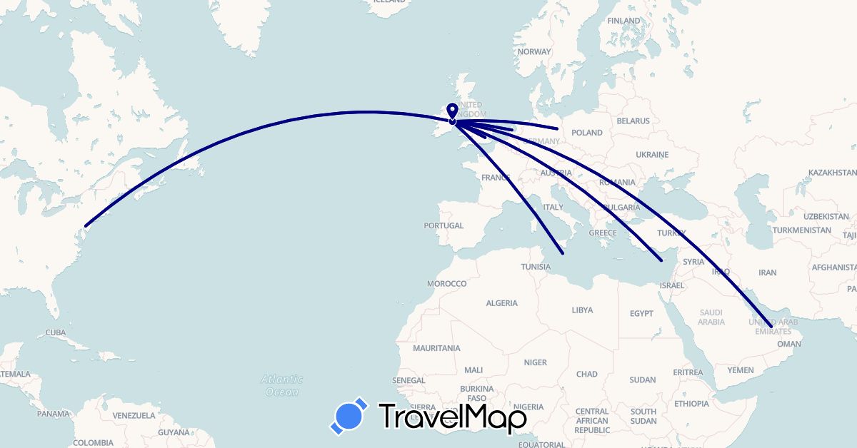 TravelMap itinerary: driving in United Arab Emirates, Cyprus, Germany, United Kingdom, Ireland, Malta, Netherlands, United States (Asia, Europe, North America)